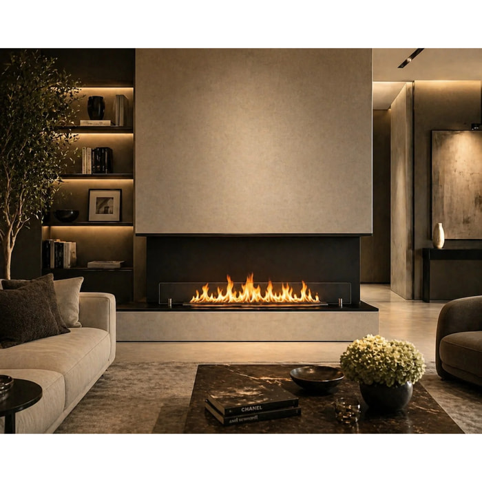 Giove 150 - Camino a Bioetanolo da Incasso Trifacciale 150x50x30 cm con Bruciatore 3lt in Acciaio