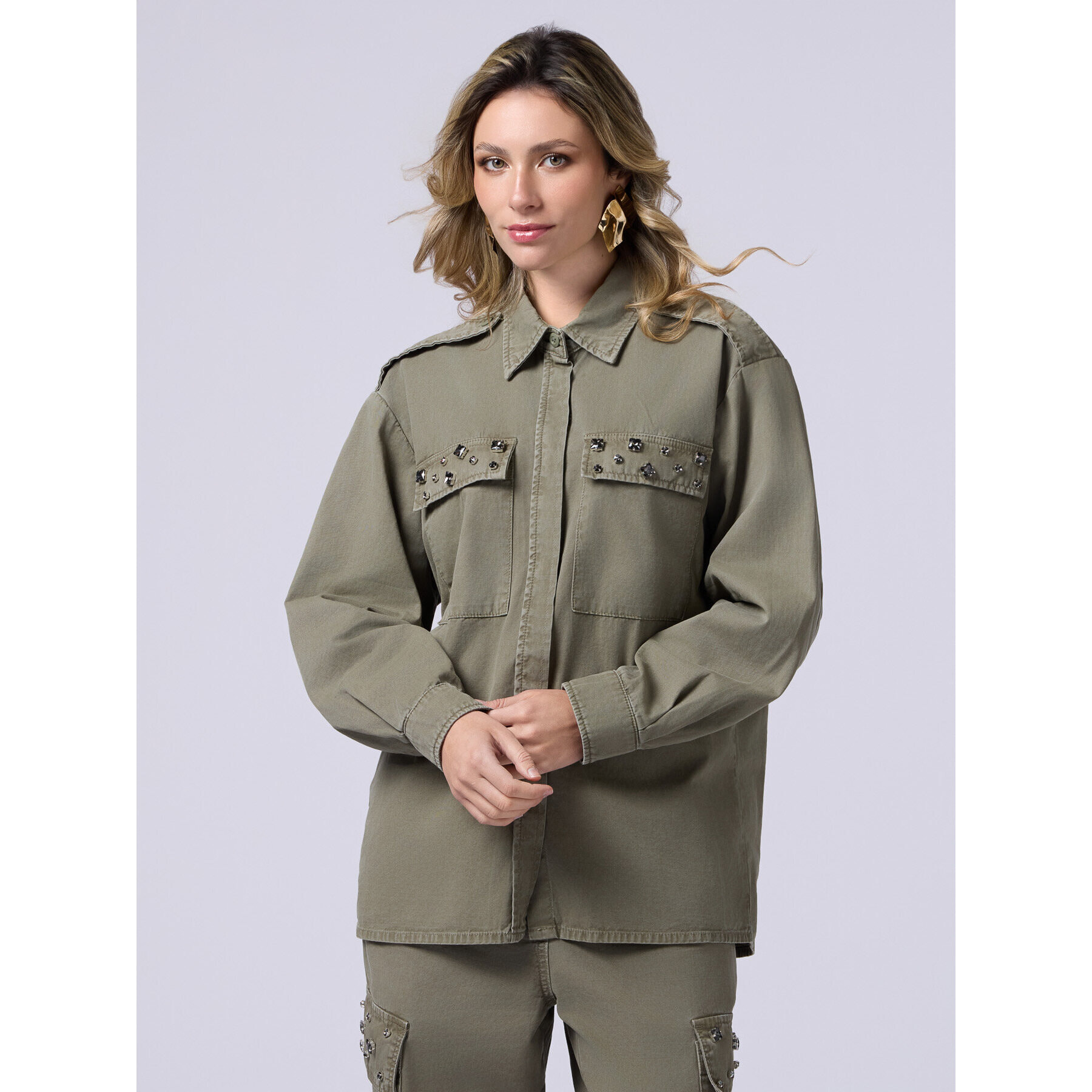 Oltre - Camicia oversize con applicazioni - Verde militare