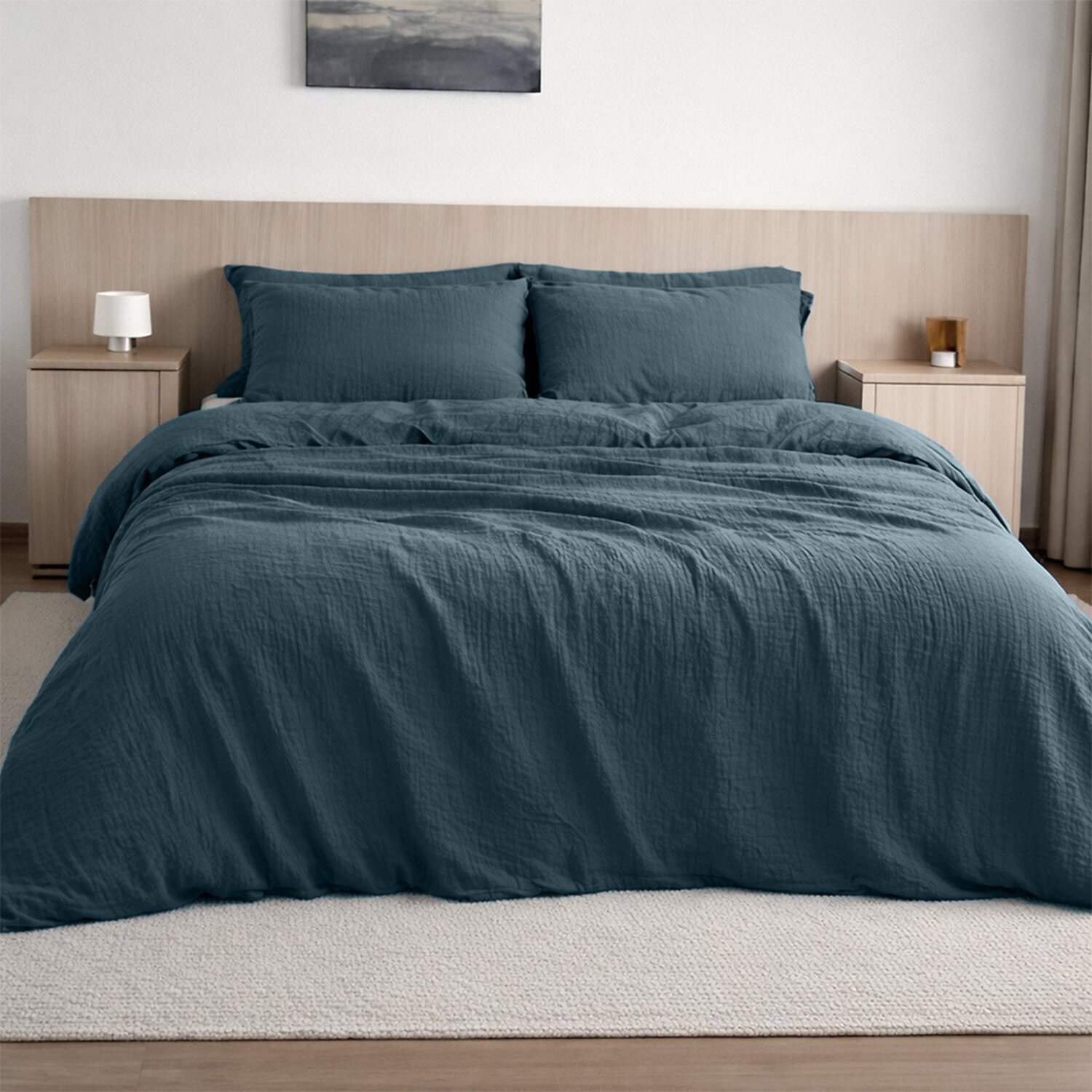 Drap housse bonnet:30cm 100% gaze de coton lavé bleu pétrole