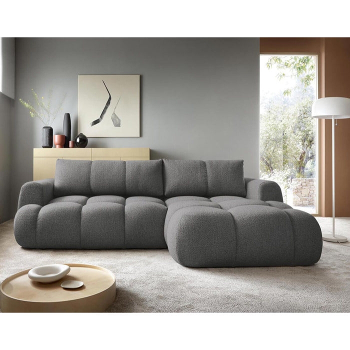 Yulin - Canapé d'angle droit 4 places convertible avec coffre en tissu bouclette - Gris foncé