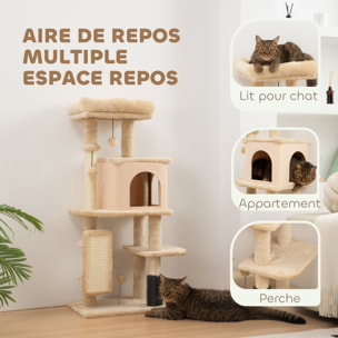Arbre à chat H.104 cm - griffoir, grattoir, bande massante, jeux boules, niche, plateforme observation - beige