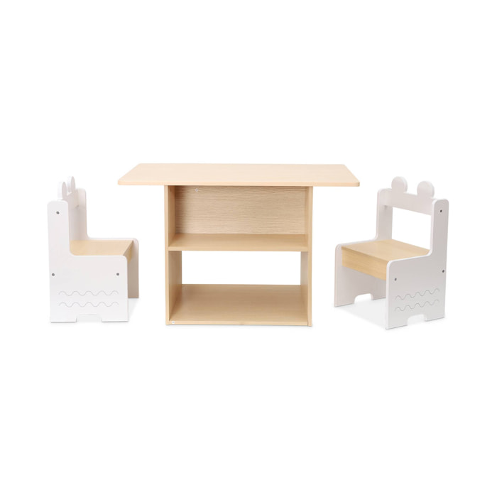 Table enfant + 2 chaises. avec étagères. blanc