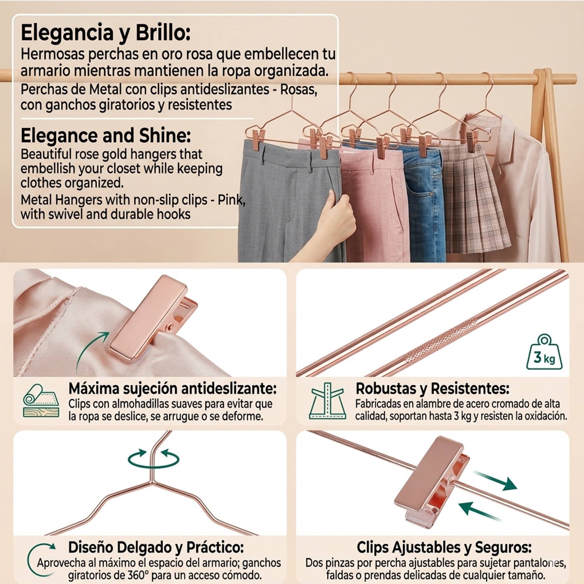 Set de perchas de metal con clips antideslizantes - Ganchos giratorios y resistentes