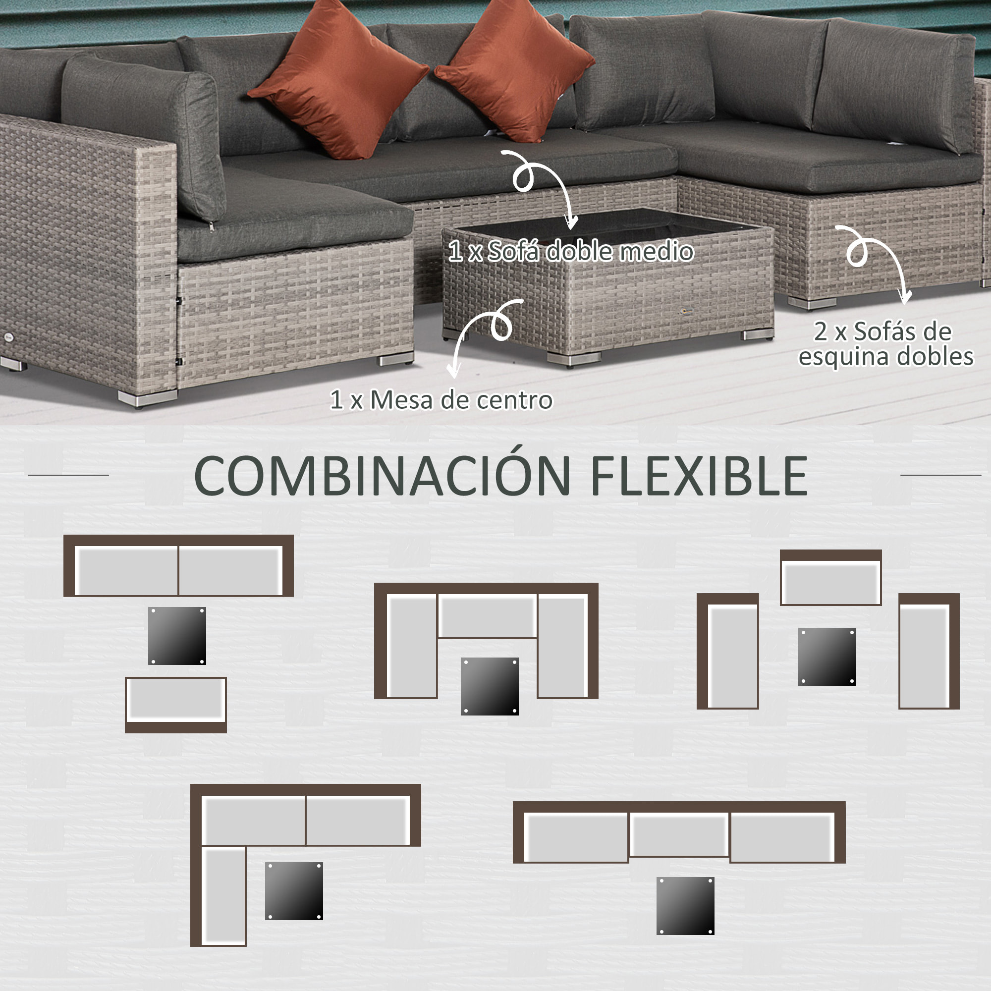 Conjunto de Muebles de Jardín de Ratán 4 Piezas Mesa de Centro de Vidrio Sofá Doble y 2 Sofás Esquineros con Cojines Desenfundables para Terraza Exterior Gris
