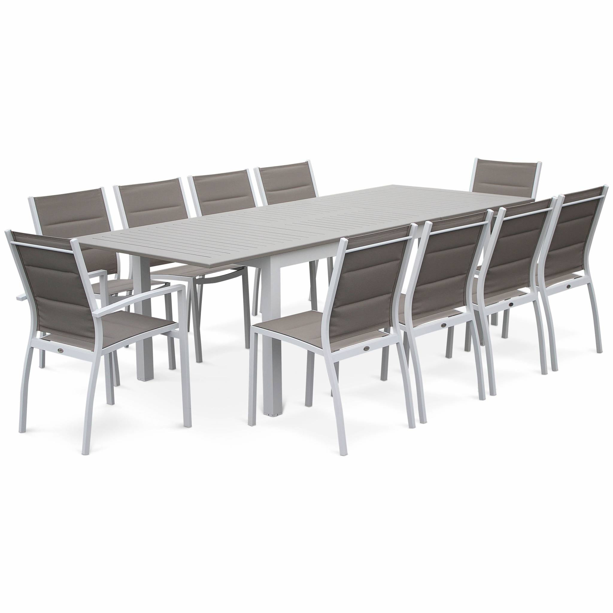 Table de jardin extensible aluminium + 8 assises - Chicago Blanc / Taupe - Table extensible 175/245cm avec rallonge et 8 assises en textilène