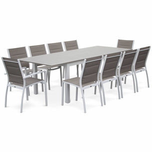 Salon de jardin - Chicago Blanc / Taupe - Table extensible 175/245cm avec rallonge et 8 assises en textilène