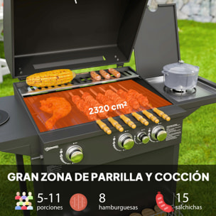 Barbacoa de Gas BBQ Gas con 3+1 Quemadores 8,5 kW Barbacoa Portátil con Termómetro Mesa Lateral Parrilla Recogedor de Grasa 2 Ruedas para Jardín Exterior Camping Negro
