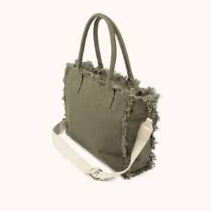 Bolso Shopper Caqui de Algodón Reciclado con Flecos y Bordado Rosa SCUBA KHAKI SHOPPER