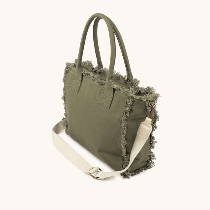 Bolso Shopper Caqui de Algodón Reciclado con Flecos y Bordado Rosa SCUBA KHAKI SHOPPER