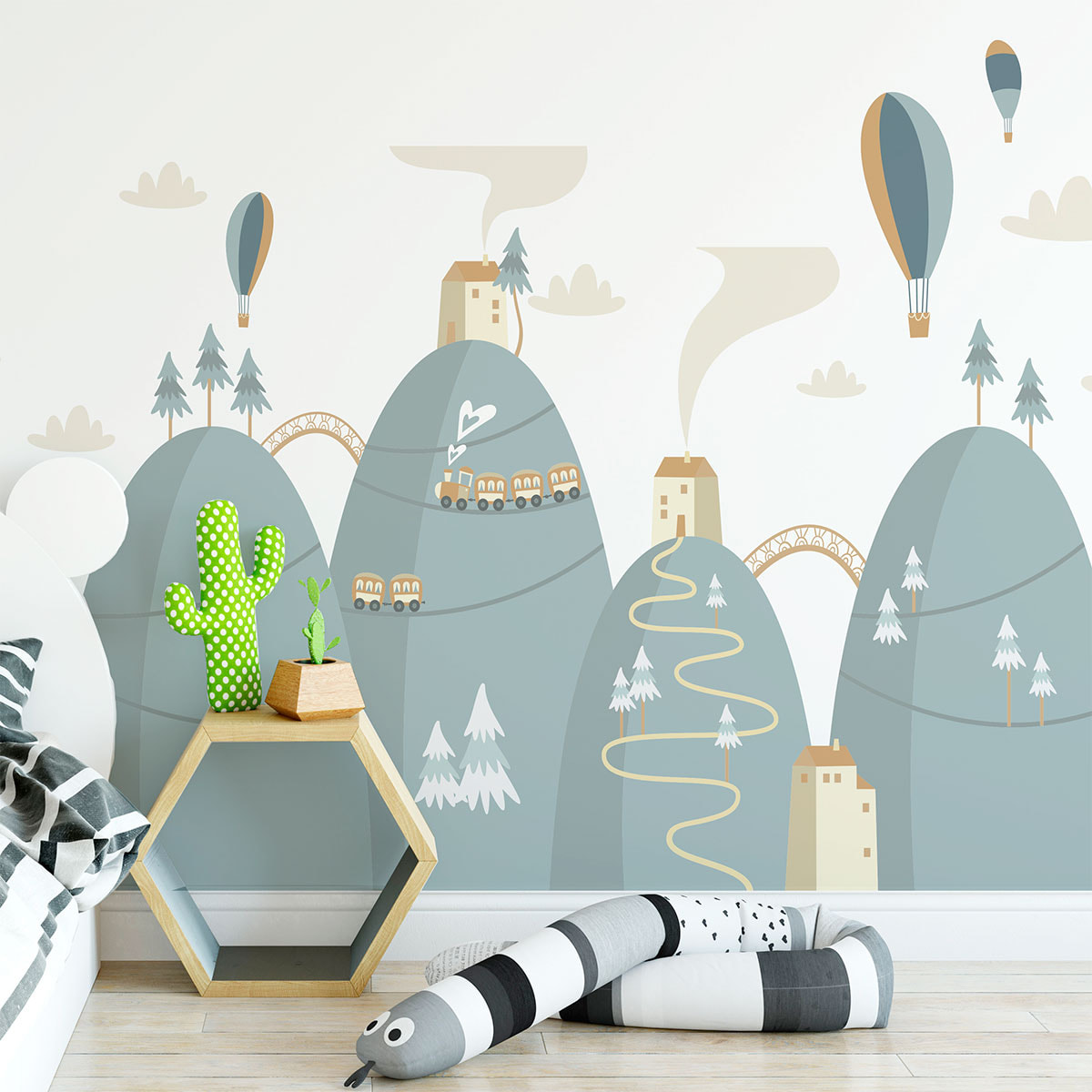 Stickers muraux enfants - Décoration chambre bébé - Autocollant Sticker mural géant enfant montagnes scandinaves MONTGOLFIÈRES HAUT DANS LE CIEL