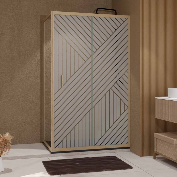 Porte de Douche Coulissante avec Retour 120x80x200cm Style Japandi Géométrique - Cadre Effet Bois