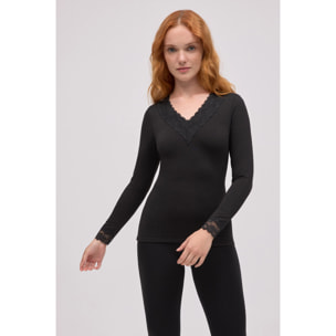 Maglietta termica con scollo a V e dettagli in pizzo nero