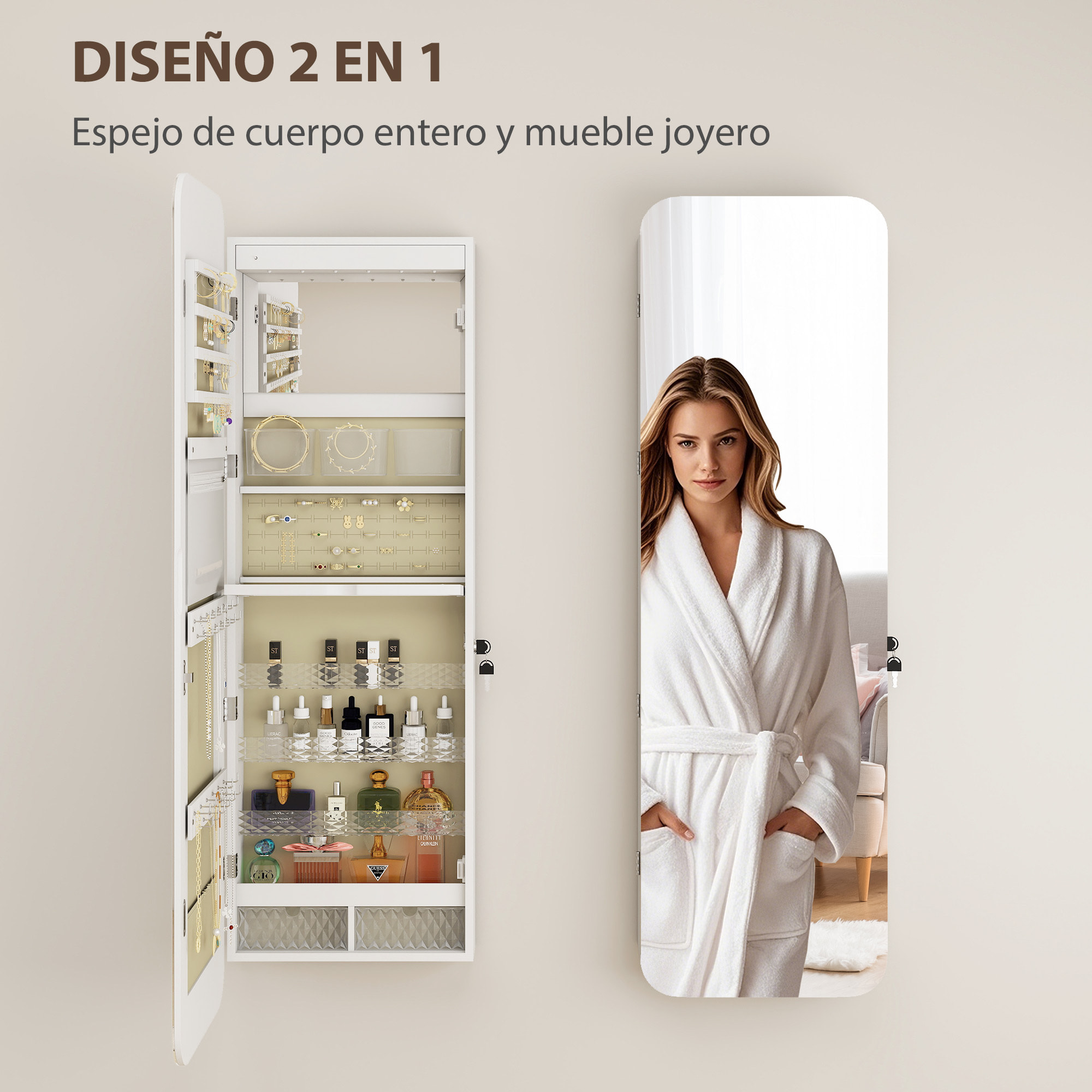 Espejo Joyero con Luz LED, Armario Joyero Montado en la Pared o en la Puerta, Armario para Joyas con Cerradura, Espejo Entero, 2 Cajones, Blanco