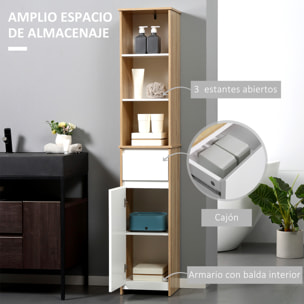 Armario Alto de Baño Mueble Columna de Baño con 1 Puerta Cajón y 3 Estantes Balda Ajustable para Cocina Salón 32,6x30x171,2 cm Madera Natural y Blanco