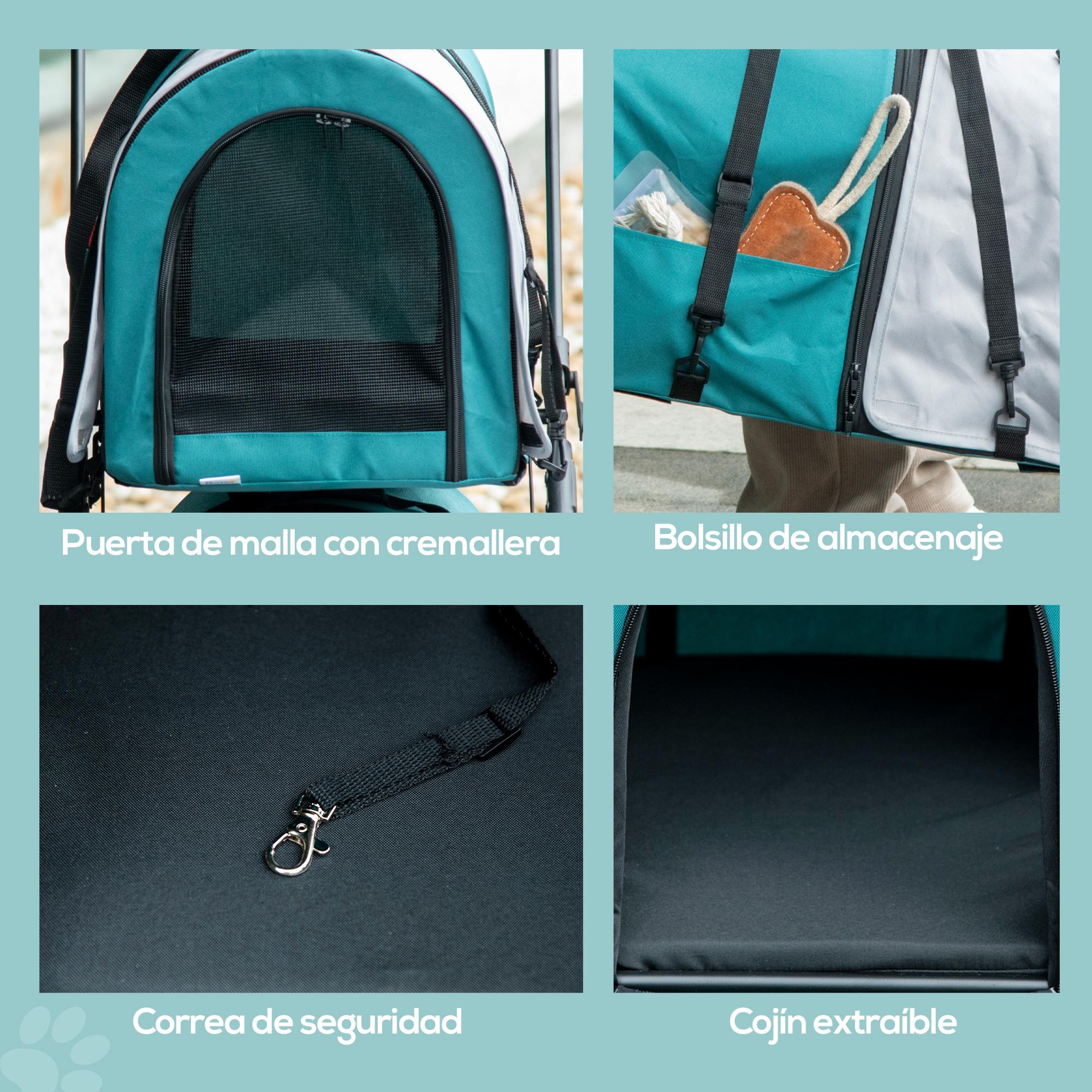 Cochecito Doble para Perros Gatos Cochecito Plegable para Mascotas con 2 Transportines Extraíbles Cinturón de Seguridad Bolsillos Laterales y 2 Cojines 66x50x98 cm Verde y Gris