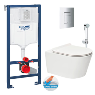 Pack WC Bâti-support Rapid SL + WC sans bride Brevis + Abattant softclose + Douchette bidet + Plaque chrome