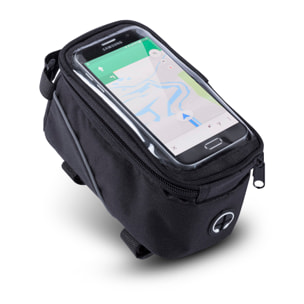 Borsa da bicicletta Rigon con frontale touch trasparente, per smartphone fino a 6,3 pollici. Uscita per cuffie e chiusura con cerniera. Attacco alla barra o al manubrio.