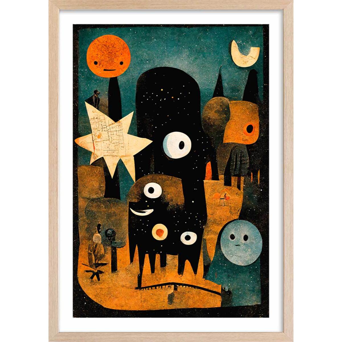 Affiche enfant la nuit des jeunes monstres  Affiche + cadre en bois - Chêne