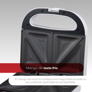 Sandwichera 750w revestimiento antiadherente, mango de tacto frío, termostato ajustable, protección contra sobrecalentamiento