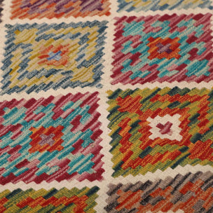 Tapis kilim géométrique, tissé à plat, artisanal en laine