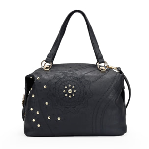 Bolso bowling negro con bordado y tachas