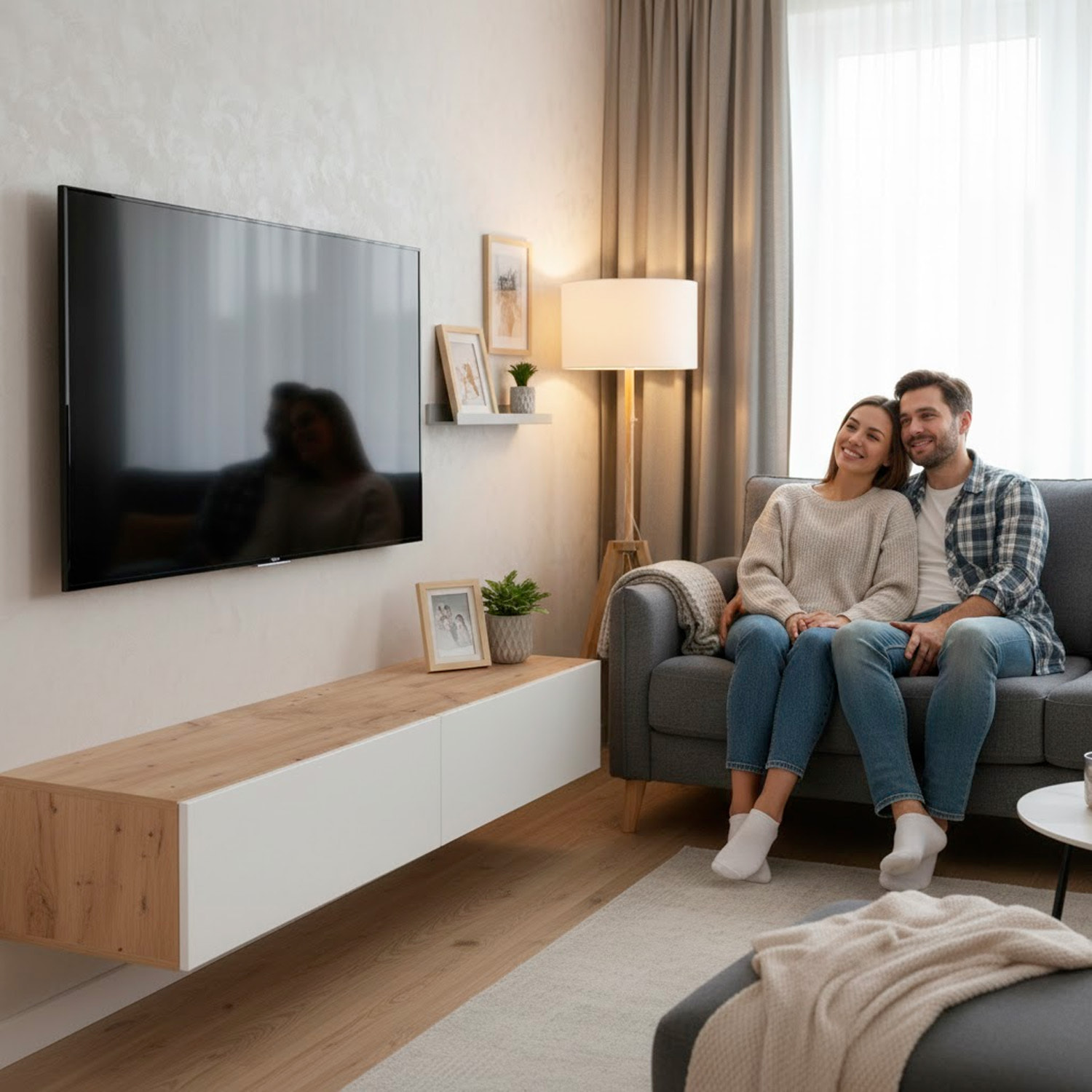 Mobile TV Sospeso Da 180 Cm Parete Attrezzata Con 2 Ante Push Porta TV Moderno In Pannelli Melaminici E1 180 x 34,5 x 28 Cm Rovere E Bianco Opaco