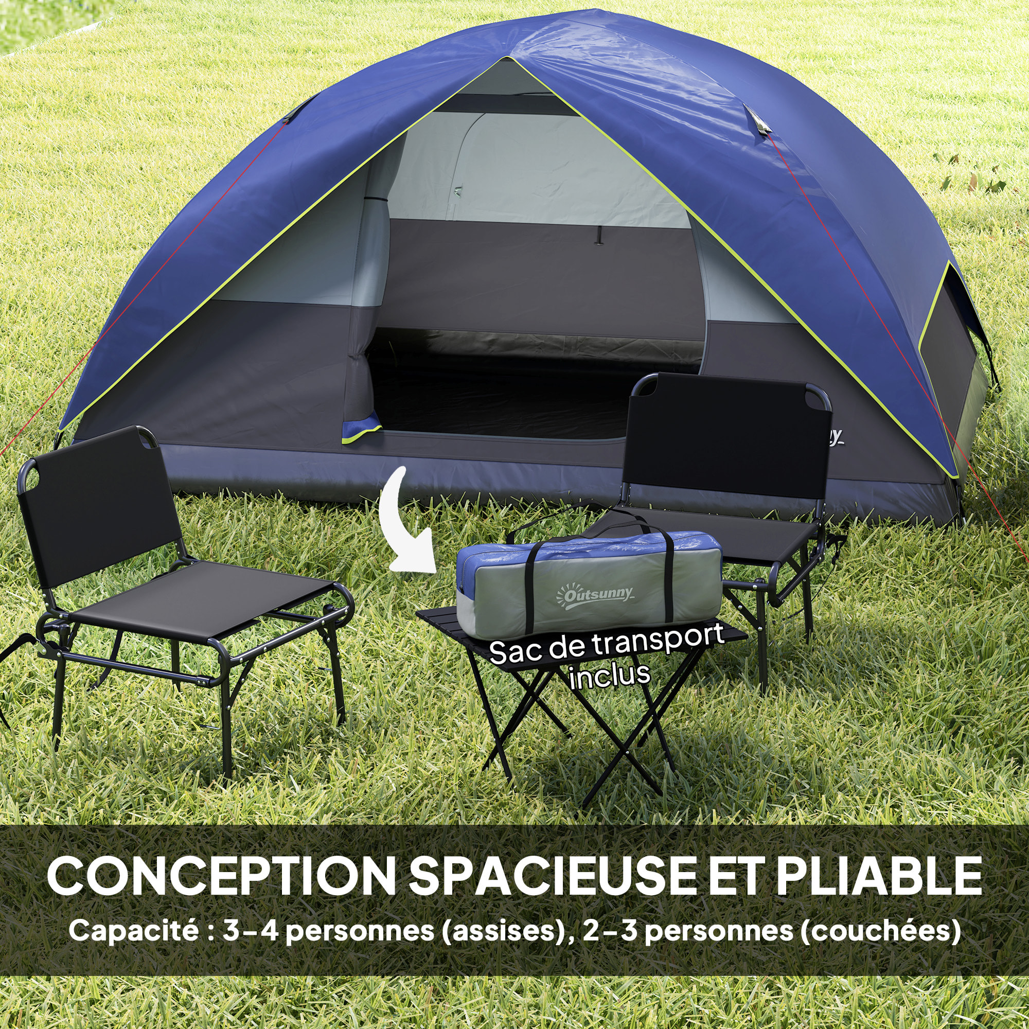 Tente de camping 2-4 personnes - fenêtre, 2 poches, port d'alimentation, sac de transport - bleu foncé