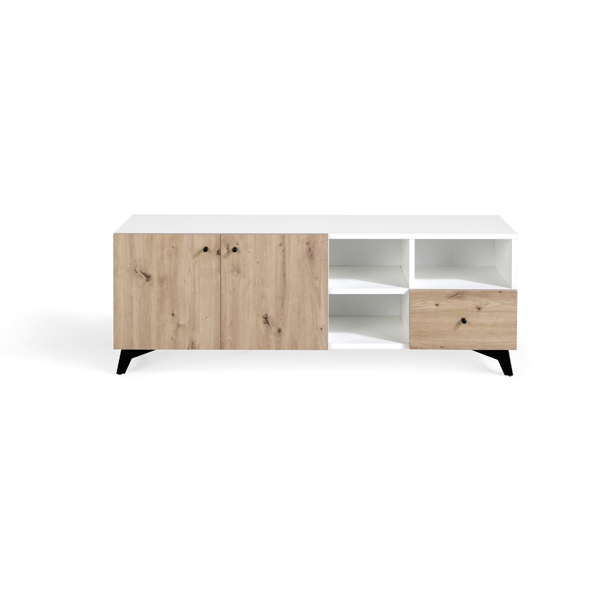 Mueble TV HANOVER - 2 puertas, 3 huecos y 1 cajón - roble y blanco polar - 140x40x50cm
