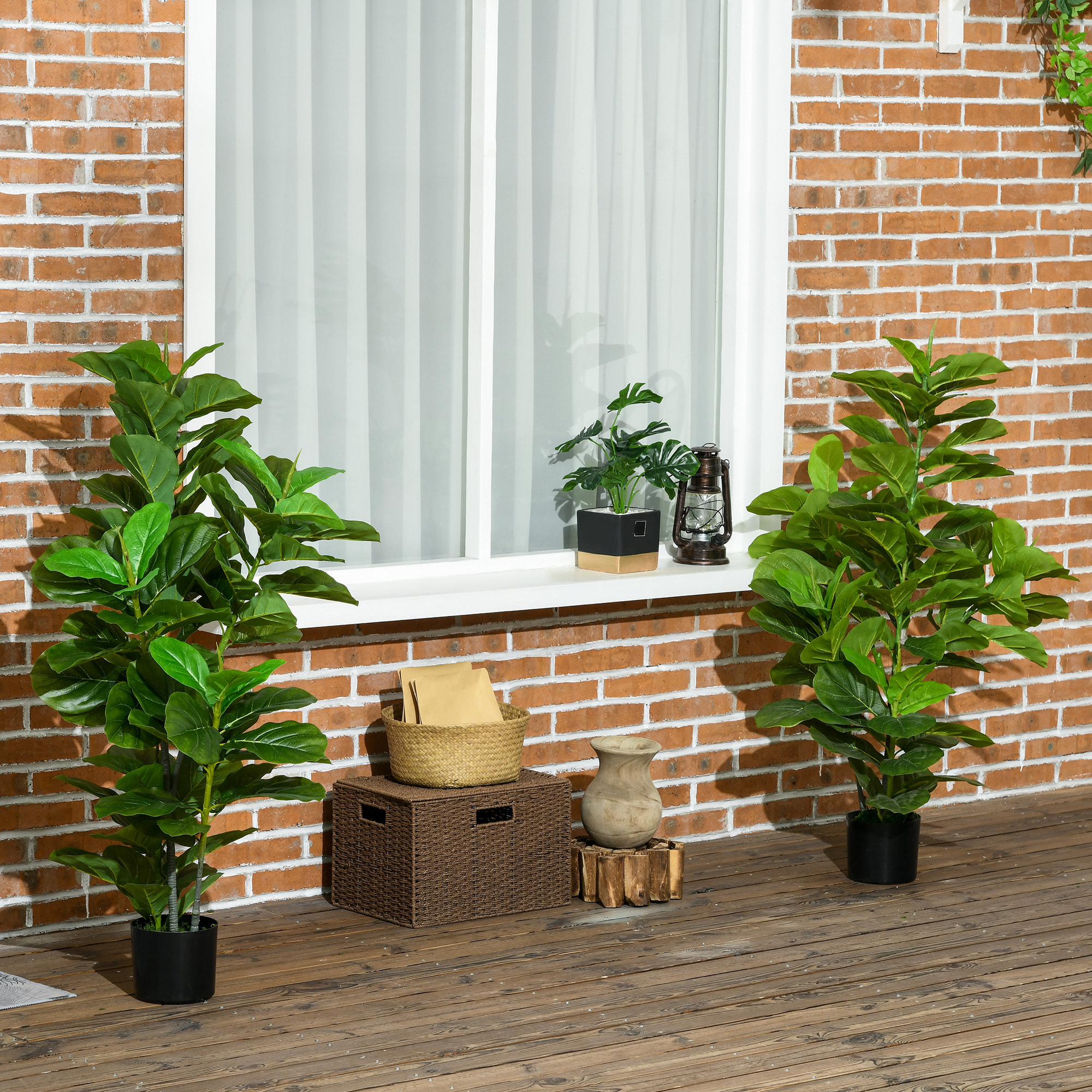 Conjunto de 2 Plantas Artificiales Decorativas 110x15 cm Árboles Artificiales de Ficus con 90 Hojas y Macetas para Interior Decoración para Sala de Estar Oficina Verde