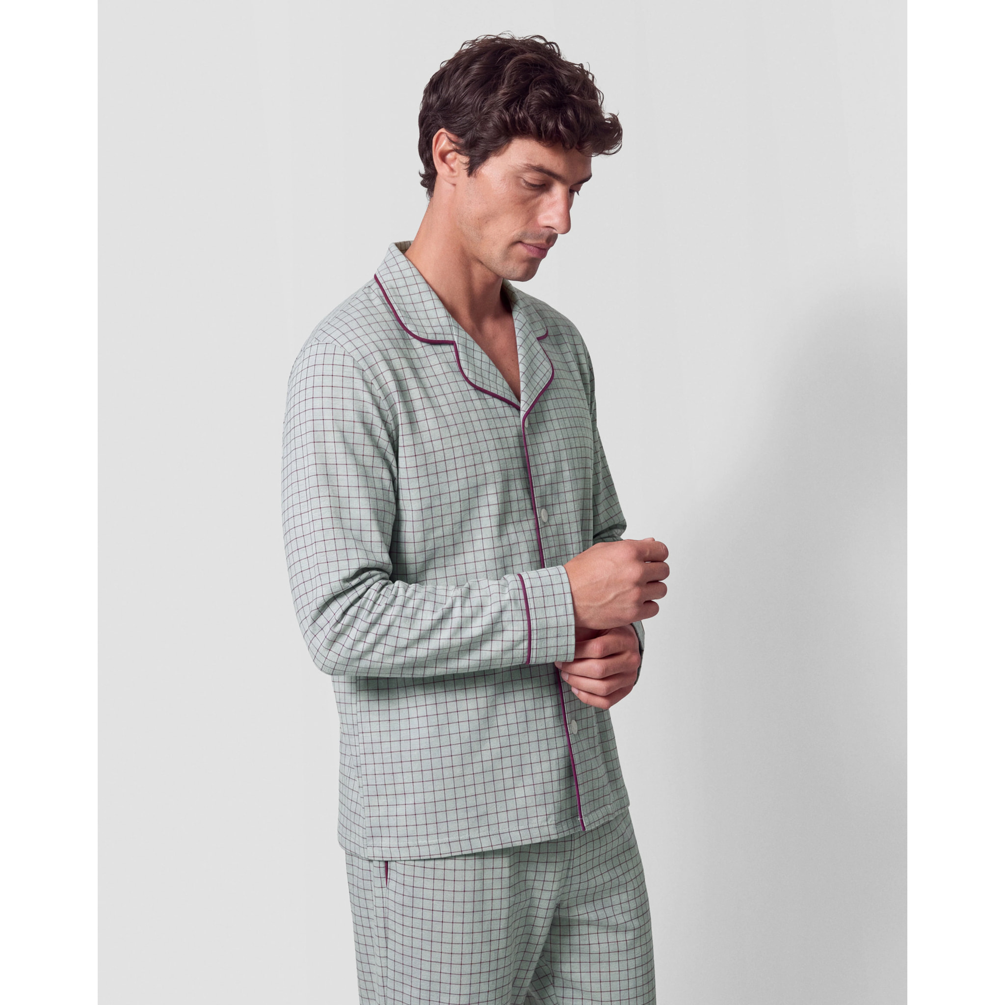 Pijama largo camisero algodón cuadro orena burdeos