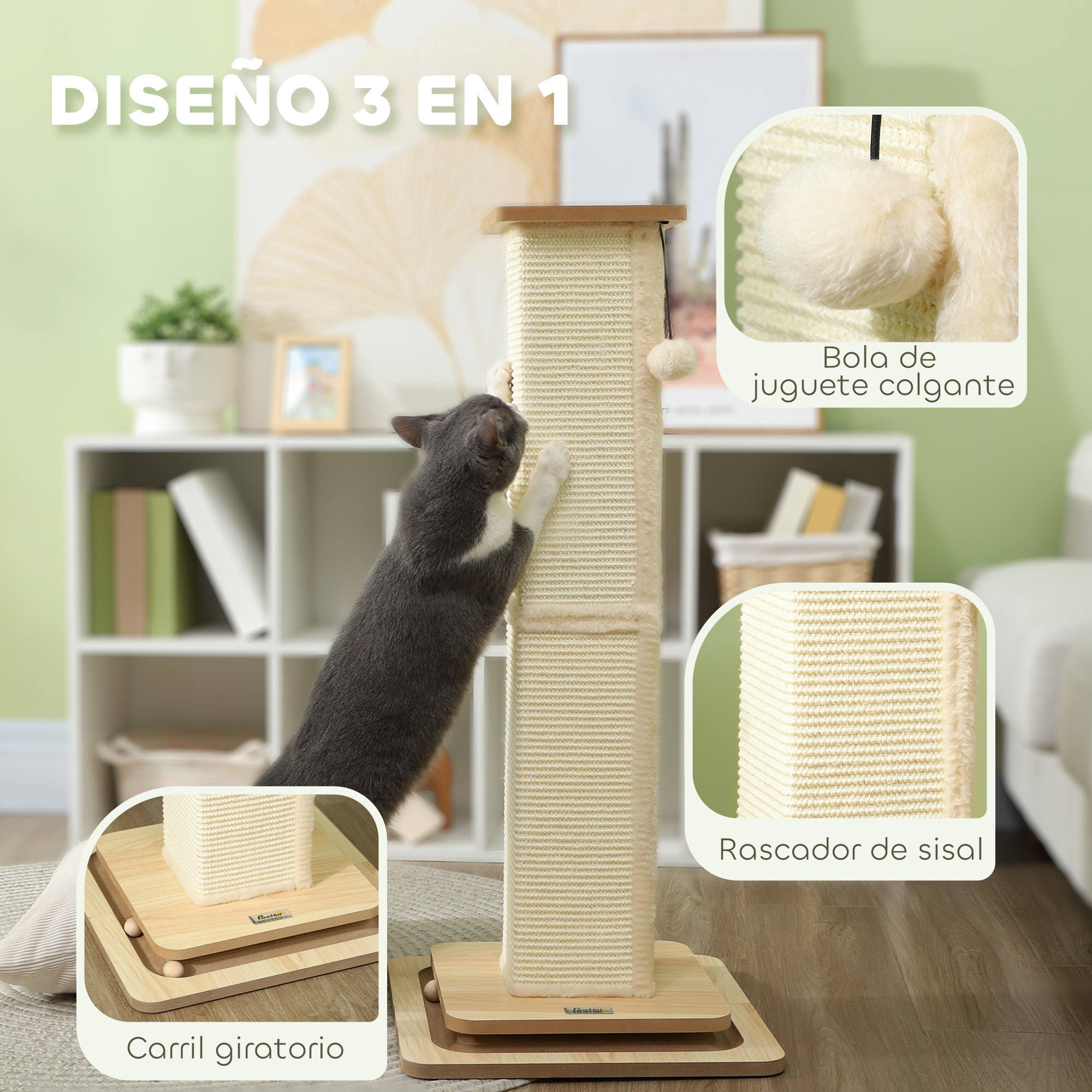 Poste Rascador para Gatos 87 cm Rascador para Gatos Arañador para Gatos con Bola Colgante Juguete de Pelota de Pista y Poste de Sisal Roble