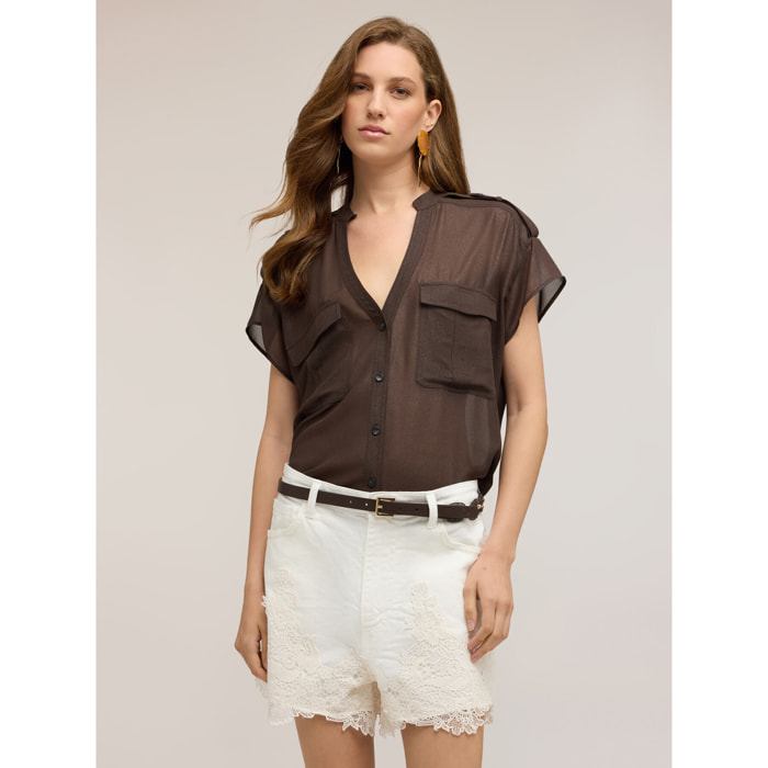 Motivi - Camicia in georgette laminata con tasche - Marrone