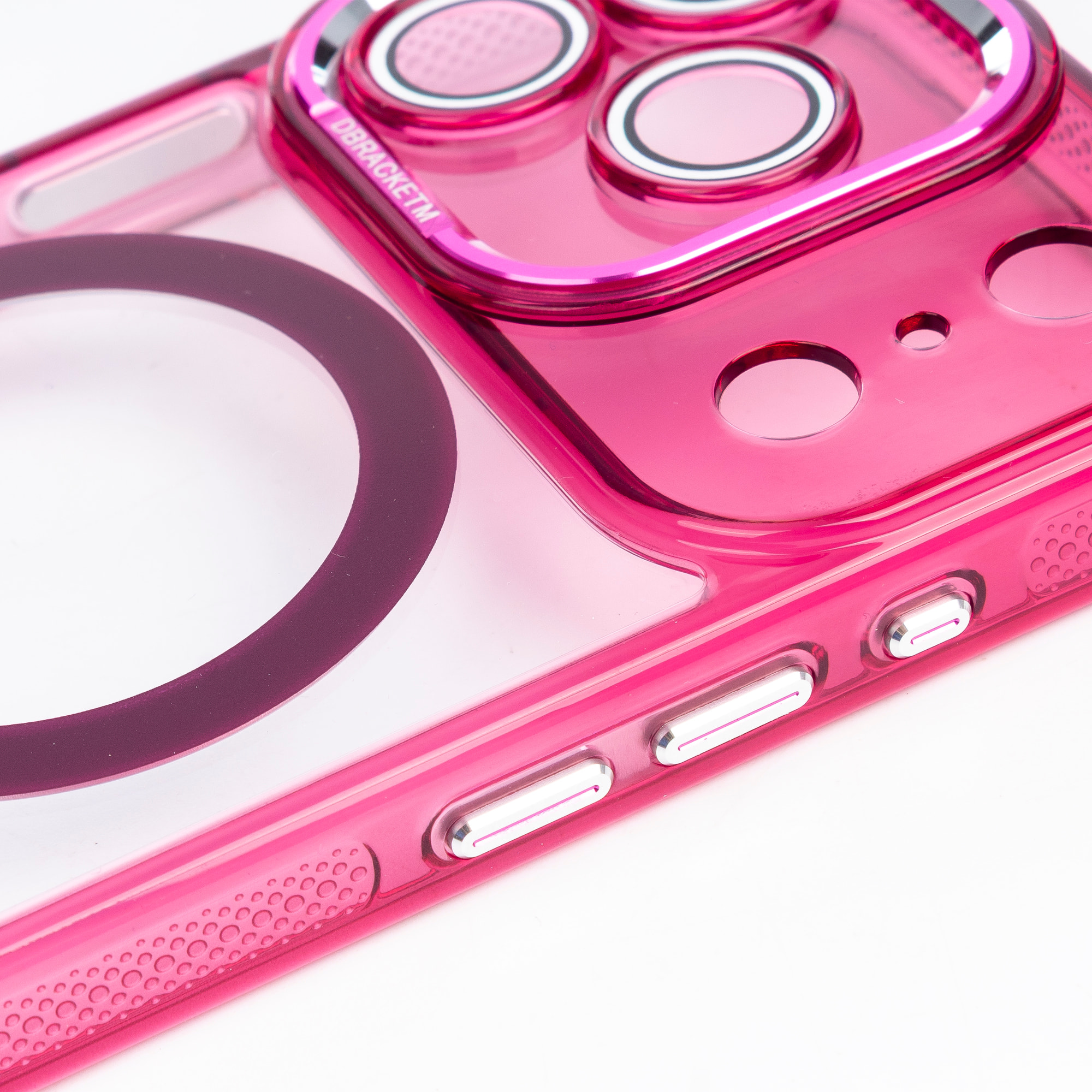 Custodia trasparente con fotocamera coperta e bordi fucsia. Magsafe per iPhone 17 Pro.