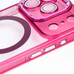 Custodia trasparente con fotocamera coperta e bordi fucsia. Magsafe per iPhone 17 Pro.