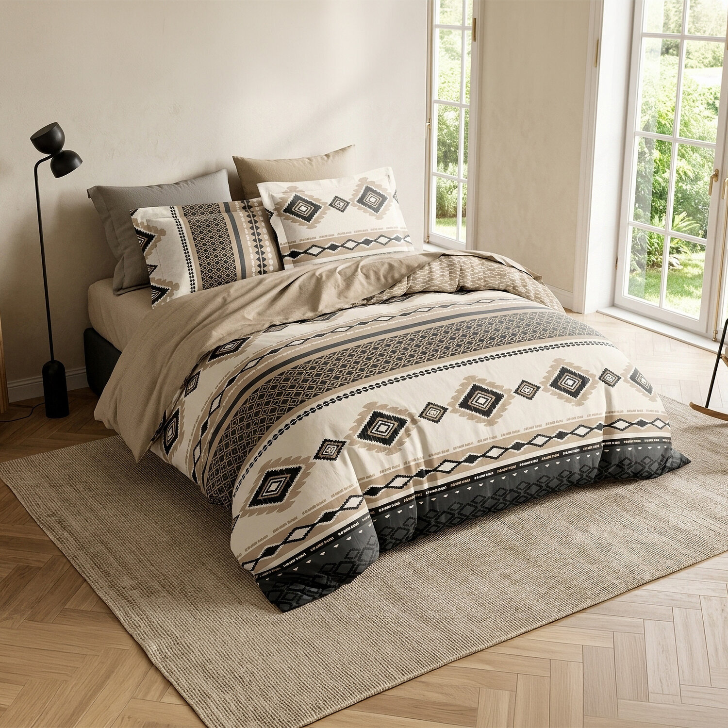 Parure housse de couette 100% coton motif ethnique chic beige et noir - TROIKA