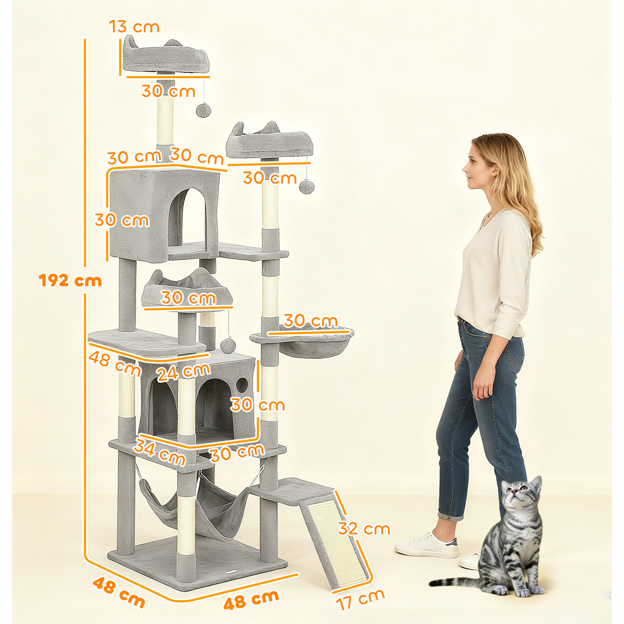 Arbre à chat design XXL gris clair multi-activités - zones de repos, griffoirs, grattoir - H.192 cm