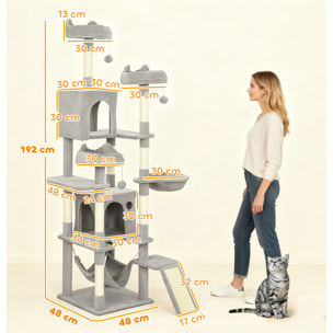 Arbre à chat design XXL gris clair multi-activités - zones de repos, griffoirs, grattoir - H.192 cm