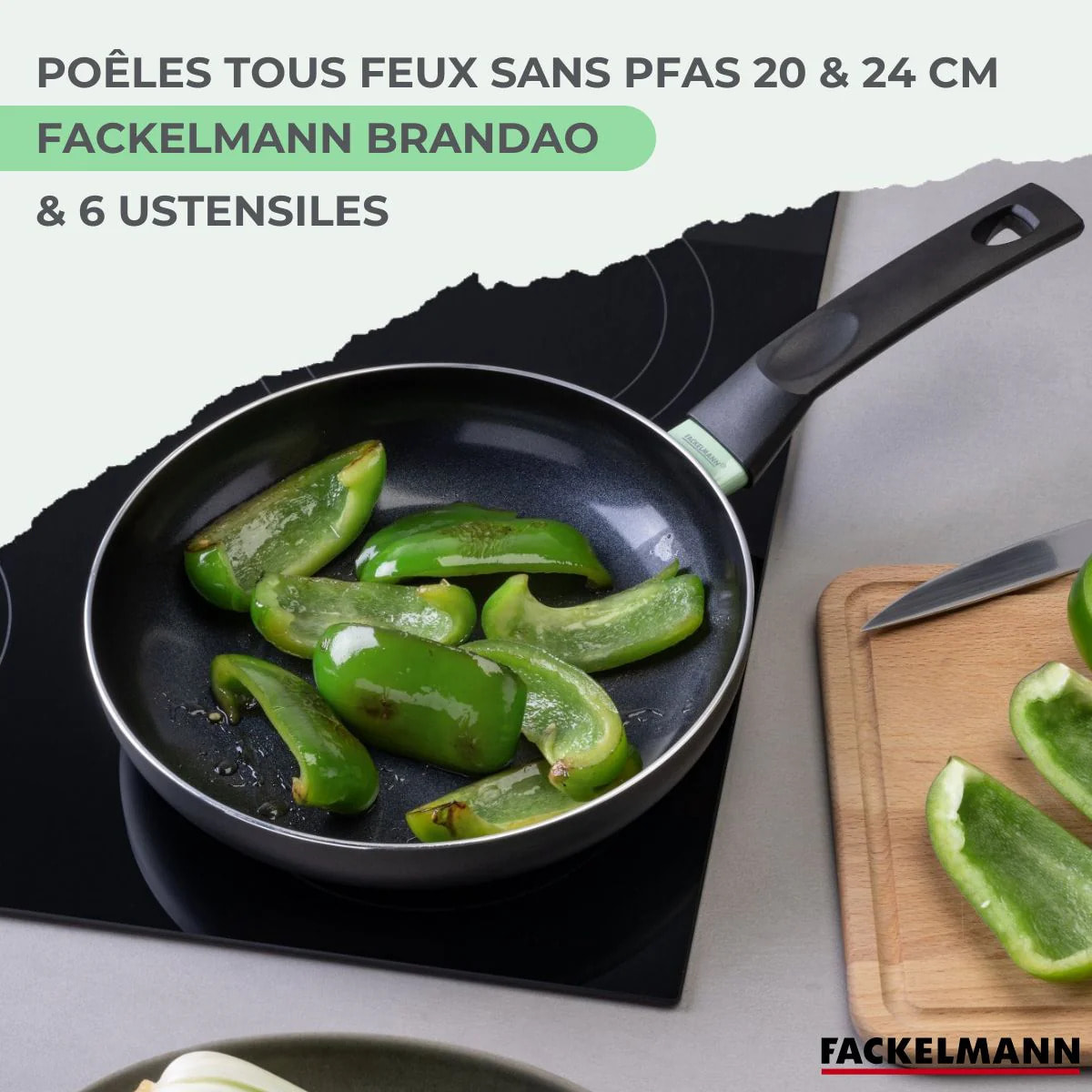 Ensemble de 2 poêles de 20 et 24 cm et 6 ustensiles Fackelmann Brandao