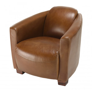 GASTON - Fauteuil marron CHICAGO vintage cuir pieds bois