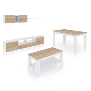 Pack salón con mesa de centro y mesa de comedor Kenzo Max V1A Blanco Artik (Blanco Mate) - Roble Canadian