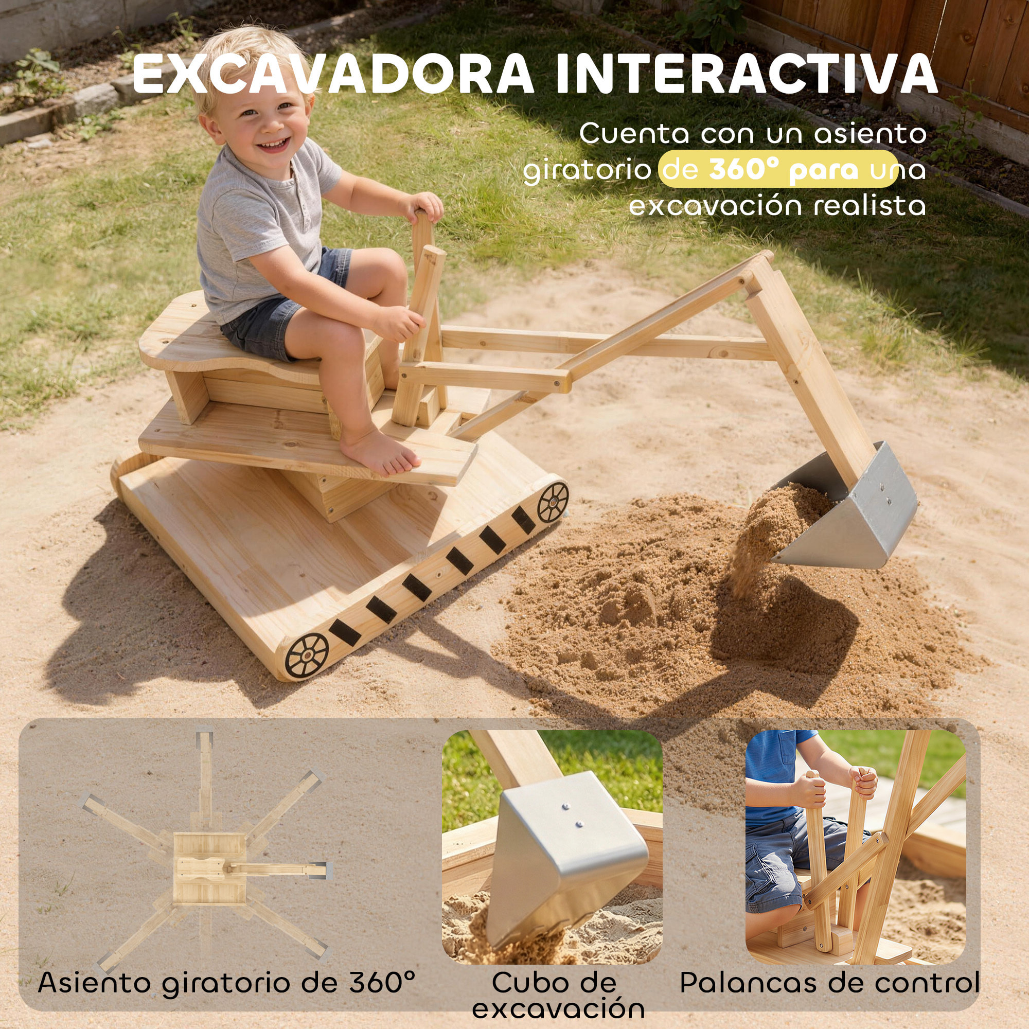 Arenero para Niños de Madera con Excavadora, Arenero Infantil con Asiento Giratorio 360° y Forro de Tela no Tejida, sin Motor, Caja de Arena para Niños de 3-6 Años, 184x90x56 cm, Natural