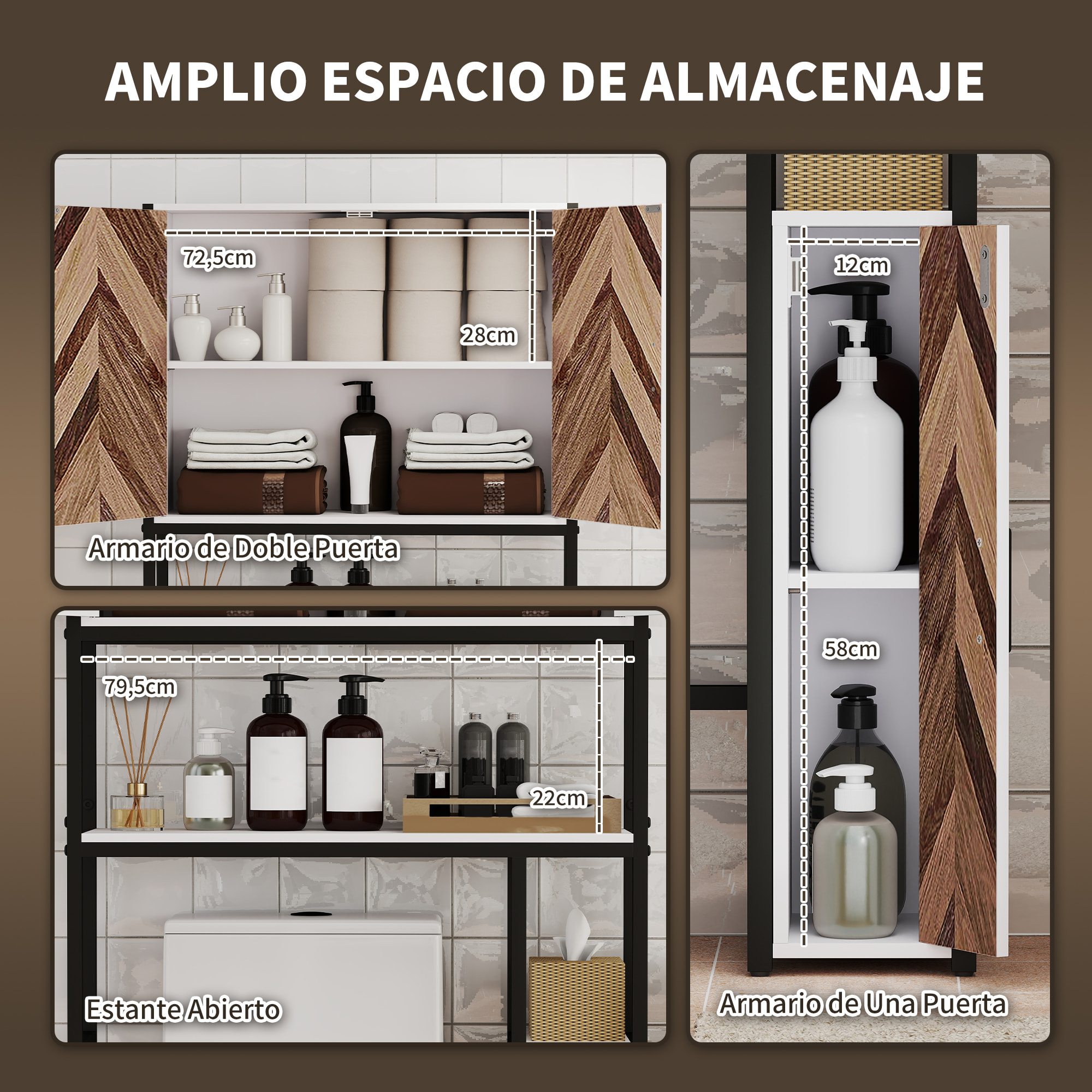 Mueble sobre Inodoro Armario sobre Inodoro con 3 Puertas 2 Estantes Ajustables y Compartimento Abierto Mueble de Baño 79,5x23x178 cm Multicolor