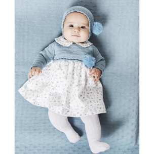 Vestido azul y estampado con pompón