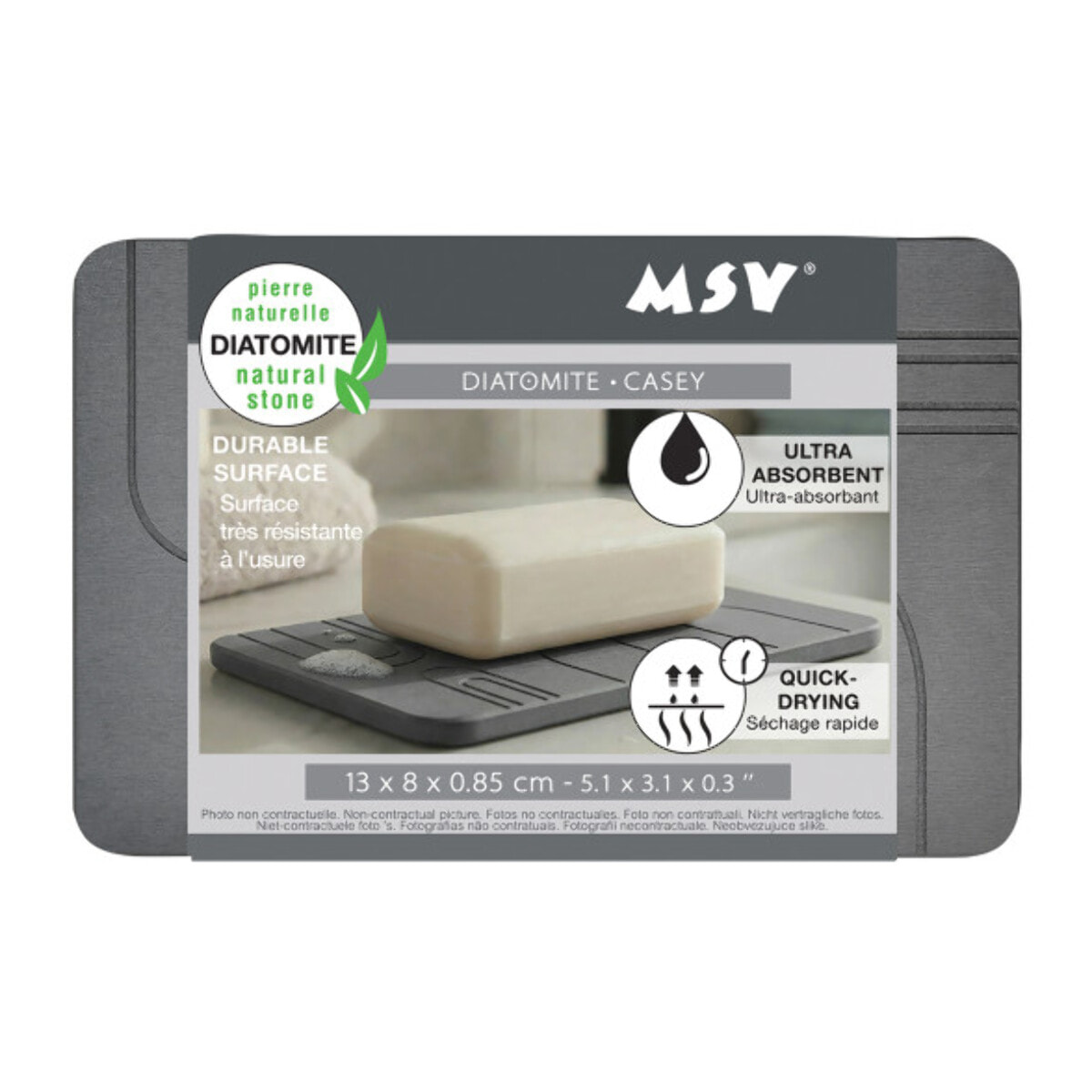 Porte-savon CASEY en diatomite gris foncé à lignes gravées 13 x 8 cm – Absorbant et séchage rapide