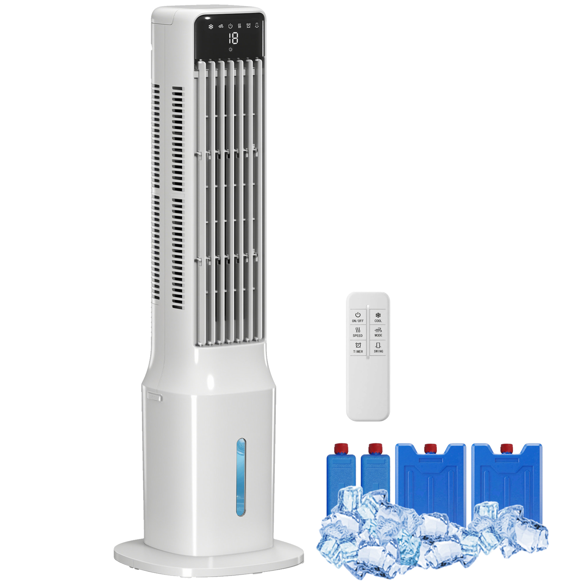Climatizador Evaporativo de Torre 3 en 1, Enfriador de Aire Portátil con Depósito de 9 L, Oscilación 48°, 3 Velocidades, 3 Modos, Temporizador 24h y Mando a Distancia, 2 Acumuladores de Frío