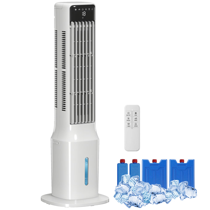 Climatizador Evaporativo de Torre 3 en 1, Enfriador de Aire Portátil con Depósito de 9 L, Oscilación 48°, 3 Velocidades, 3 Modos, Temporizador 24h y Mando a Distancia, 2 Acumuladores de Frío