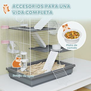 Jaula para Hámster, 47x30x70 cm, Casa para Animales Pequeños con Túnel, Plataformas, Cuenco, Bebedero, Casita, Rampas y Rueda de Ejercicio, para Hámsteres Enanos, Jerbos, Gris