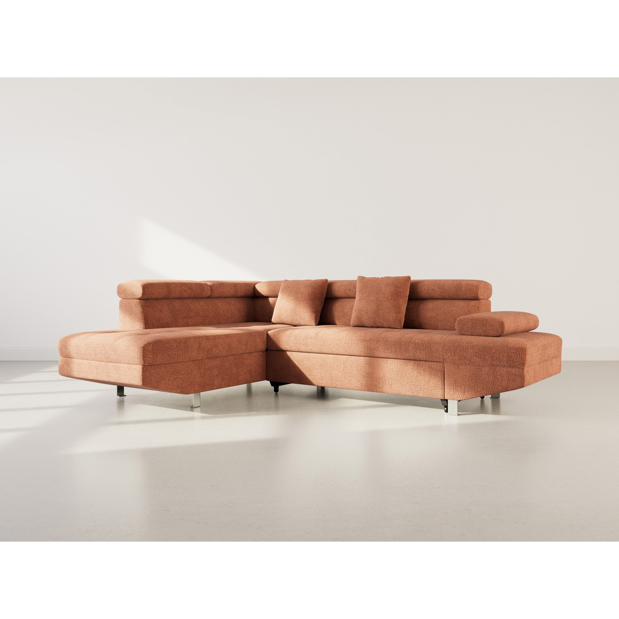 Margaux - Canapé d'angle gauche 5 places convertible avec coffre et têtières réglables en velours texturé - Terracotta