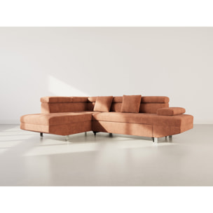 Margaux - Canapé d'angle gauche 5 places convertible avec coffre et têtières réglables en velours texturé - Terracotta