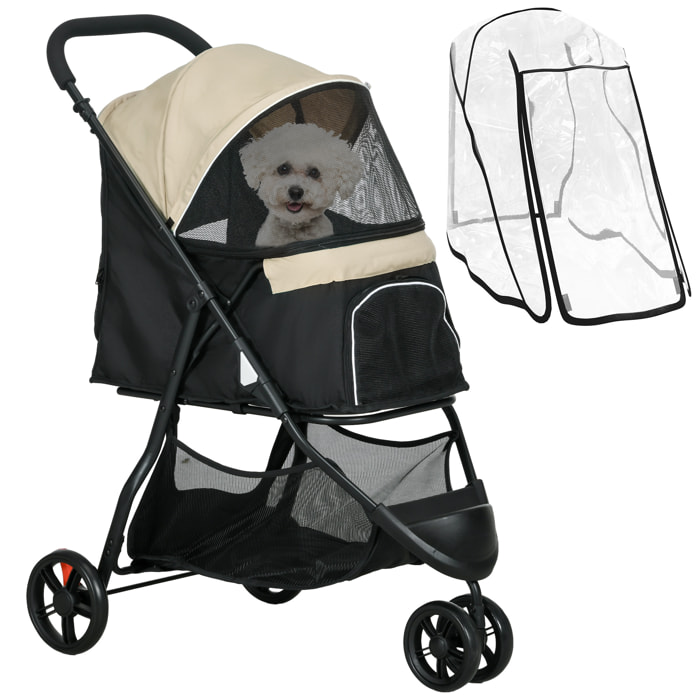 Carrito para Perros Plegable Cochecito para Mascotas Carrito para Perros Pequeños con Cesta de Almacenaje Ventana de Malla Cubierta para Lluvia y 2 Ruedas Universales 80,5x51,5x100 cm Caqui